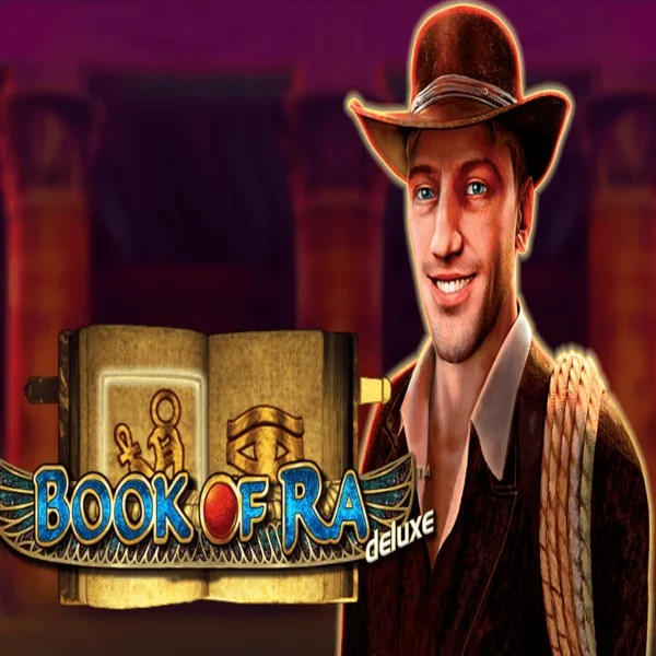 Book of Ra Deluxe slot logo by Novomatic at SlotRave Casino